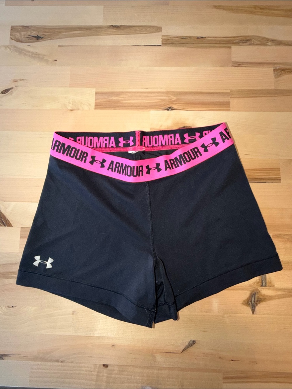 Under Armour Women's Black Athletic Shorts With Pink Branded Waistband